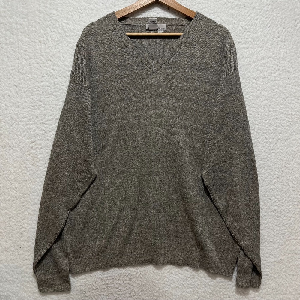 Vintage AKA Eddie Bauer Mens Sz XL Tan Heather Linen Cotton Blend V Neck Sweater